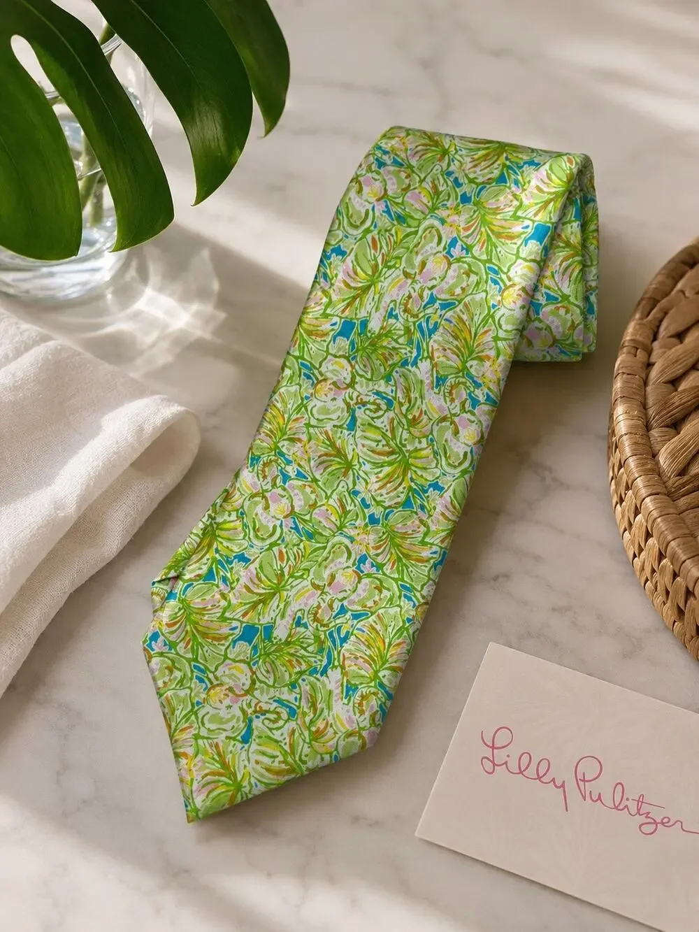 Lilly Pulitzer Men Silk Tie Green Pink Blue Pink Floral 59 x 3 3/8 Made in USA